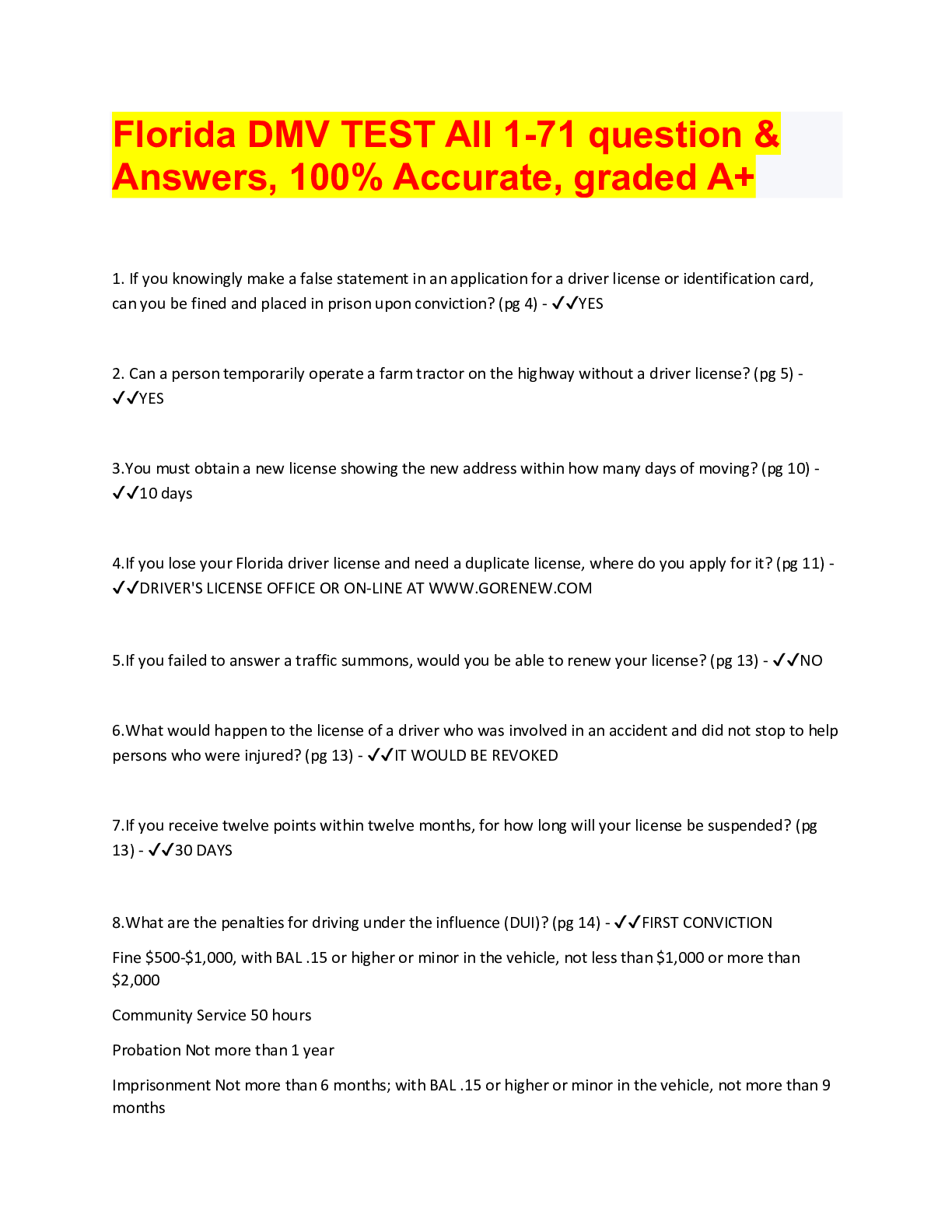 Preview of Florida DMV TEST All 1-71 question &  Answers, 100% Accurate, graded A+